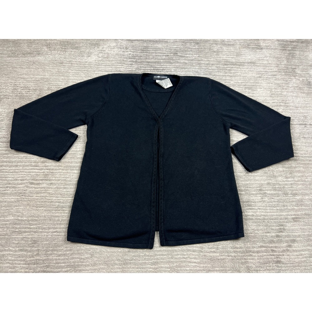 Sag Harbor Cardigan Womens Large Black Open Front Embroidered Trim Knit Sweater
